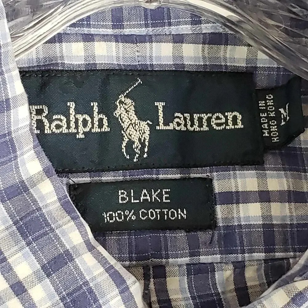 Polo Ralph Lauren Shirt Oxford Button Down SS Mens Size Medium Plaid Blake Blue